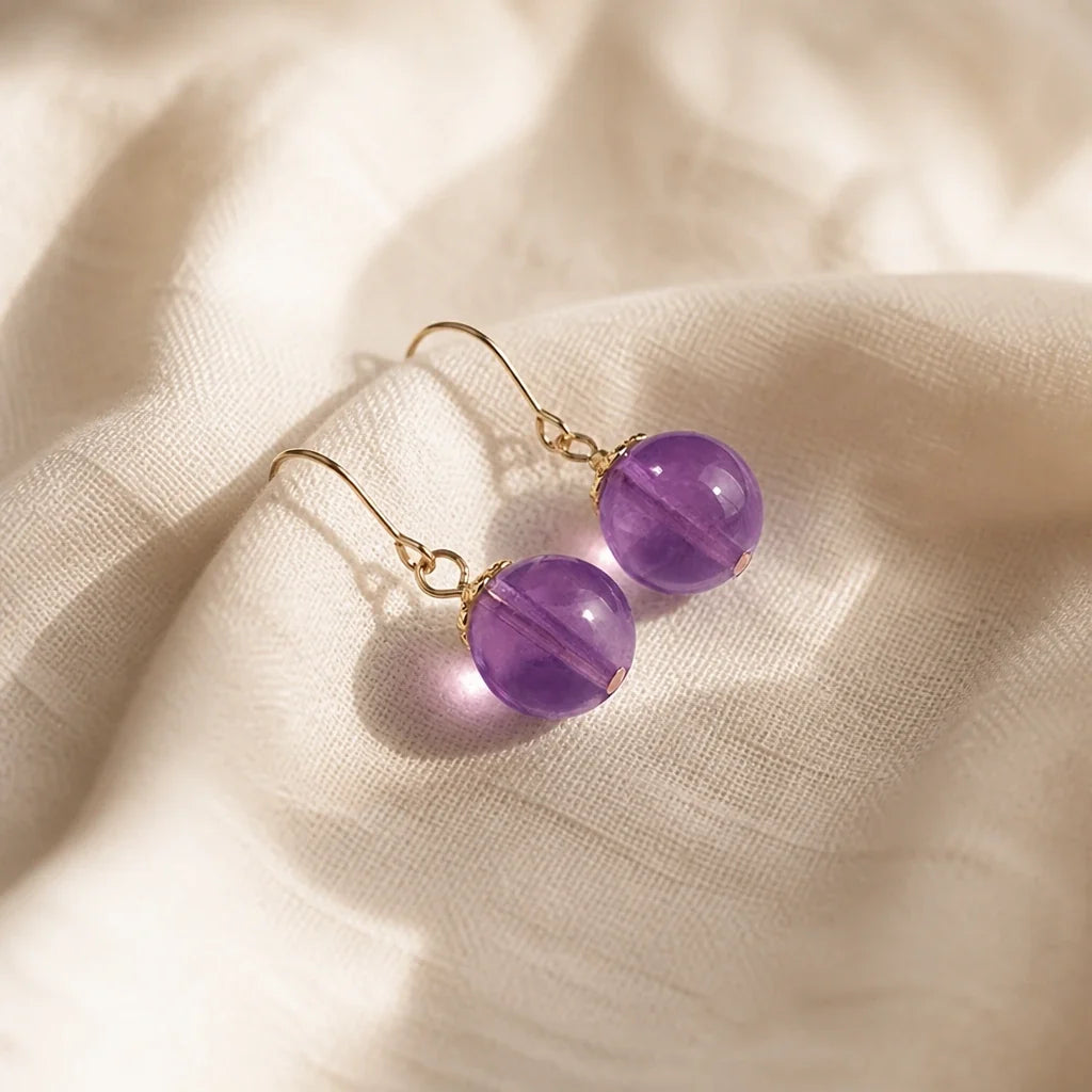 Amethyst Sphere Drop Earrings with Gold-Tone Hooks