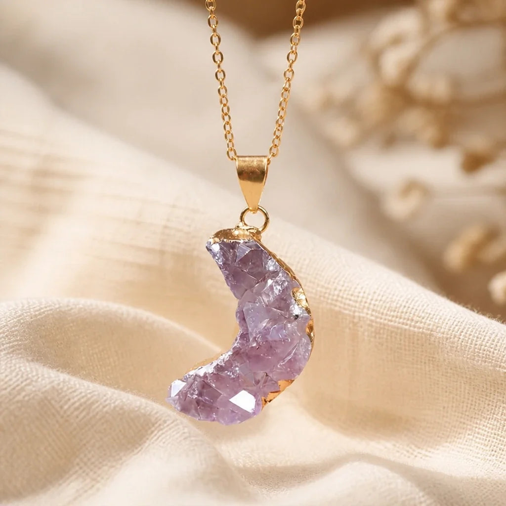 Crescent Moon Amethyst Pendant Necklace with Gold-Tone Chain