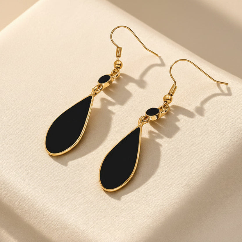 Teardrop Black Drop Earrings with Gold-Tone Accent Stone — view 2