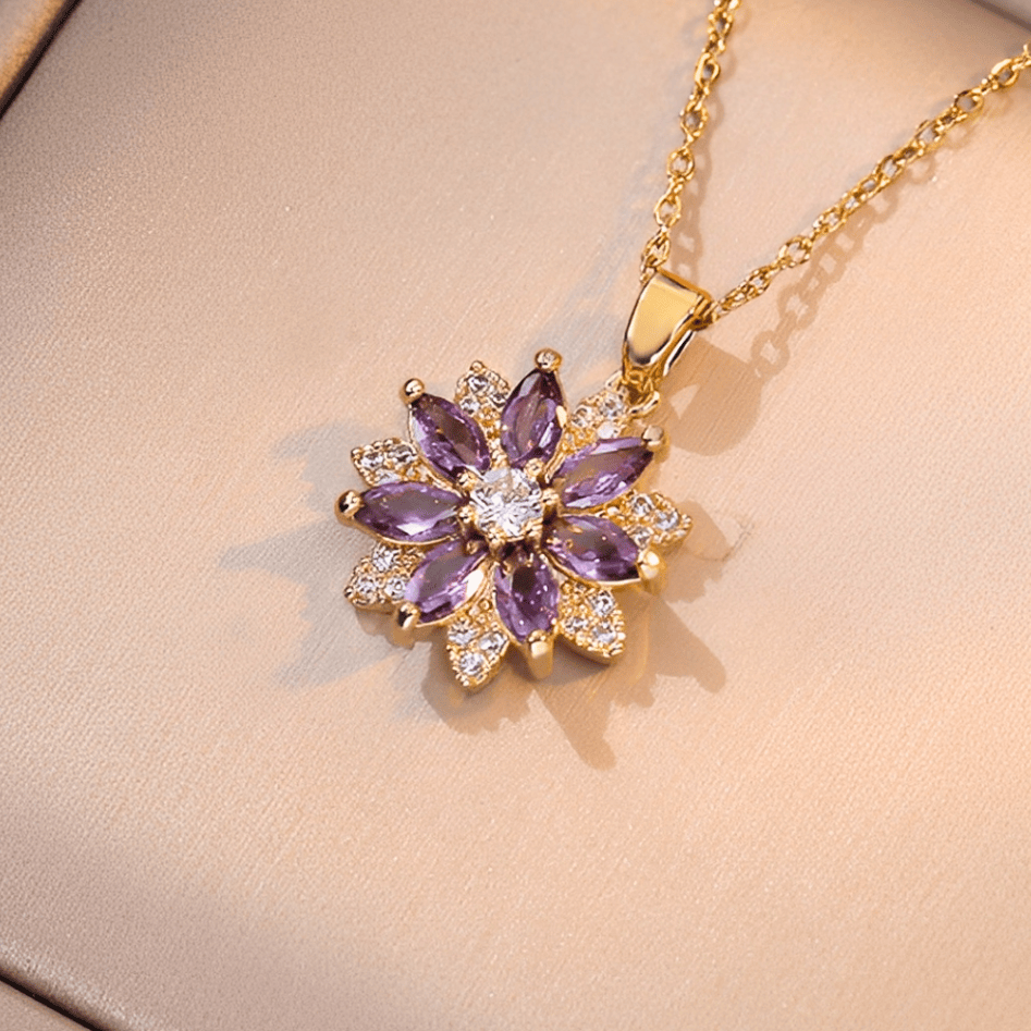 Flower Gemstone Pendant Necklace with Gold-Tone Chain, Purple & Pink