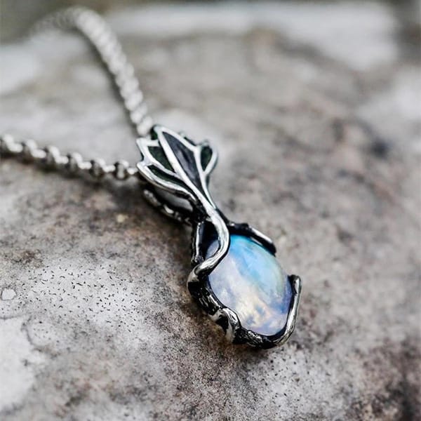 Lotus Flower Blue Moonstone Pendant Necklace with Silver-Tone Chain