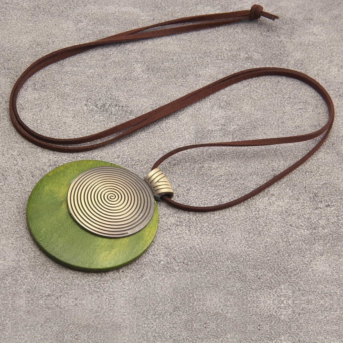Spiral Wood Pendant Necklace with Gold-Tone Metal and Leather Cord