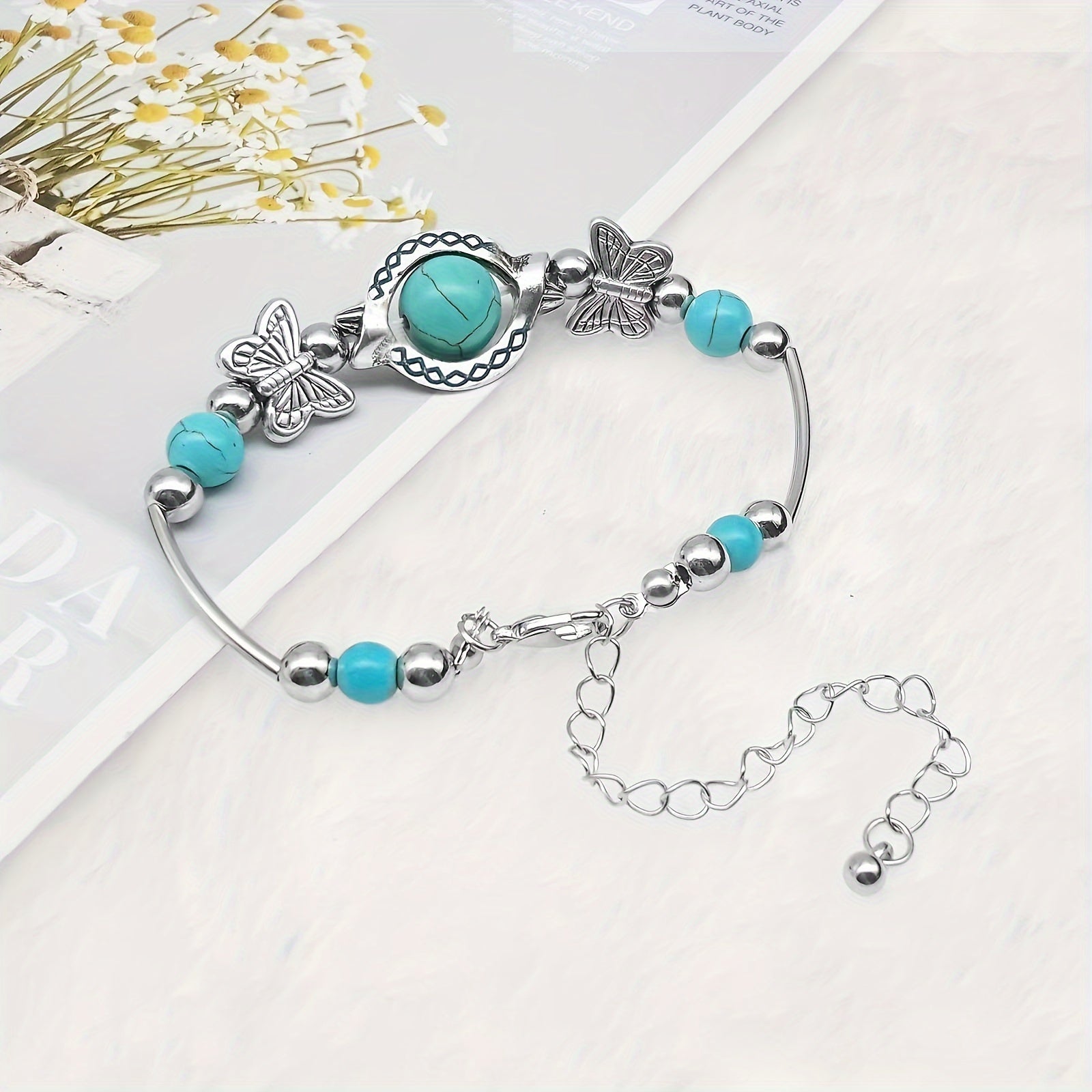 Turquoise Butterfly Charm Bracelet with Silver-Tone Beads