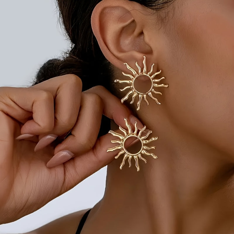 Sunburst Drop Earrings with Radiating Rays in Gold Tone