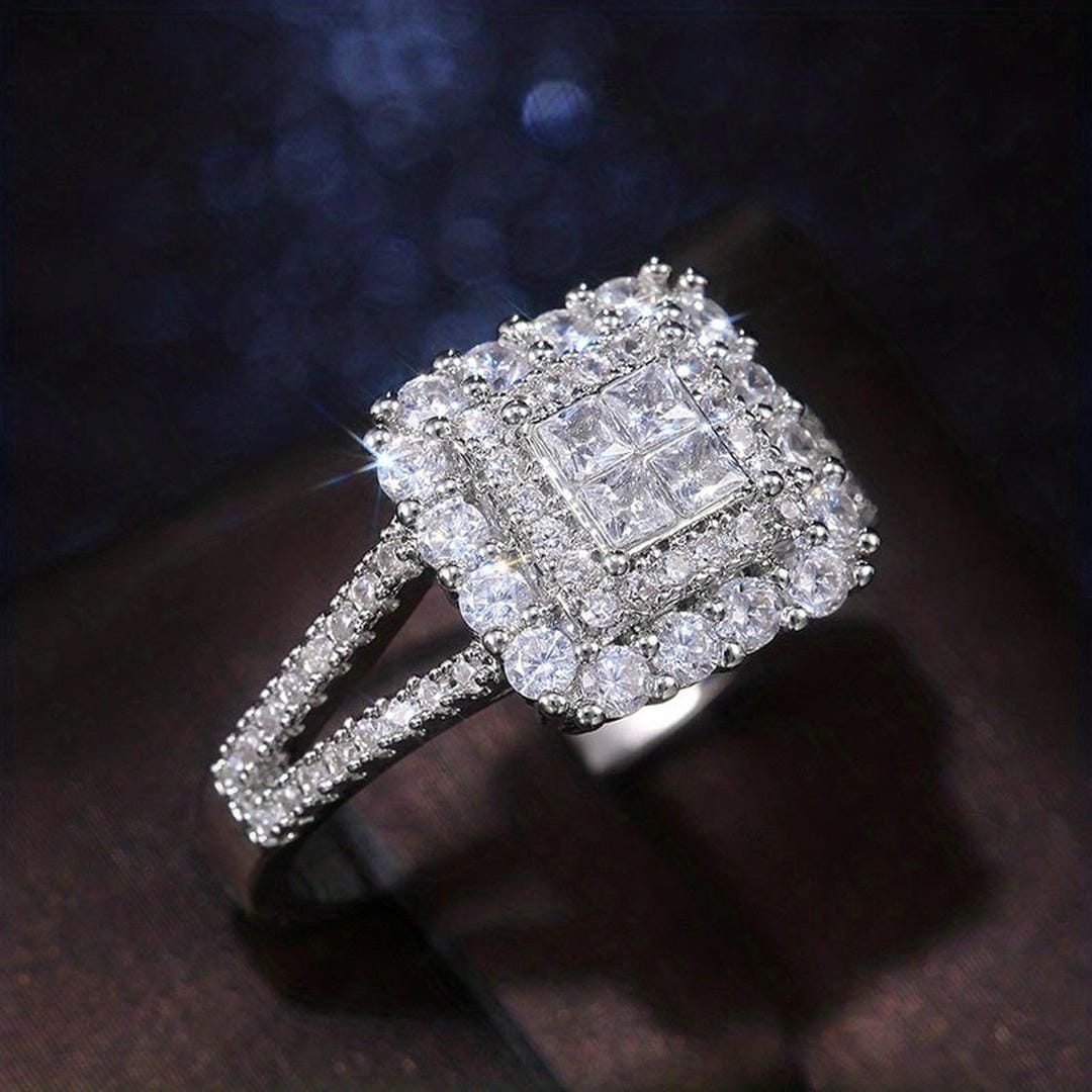 Square Double Halo Cubic Zirconia Ring with Pavé Band — main image