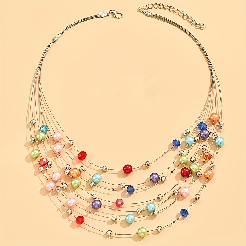 Multi-Strand Imitation Pearl Beaded Boho Necklace with Silver-Tone Accents