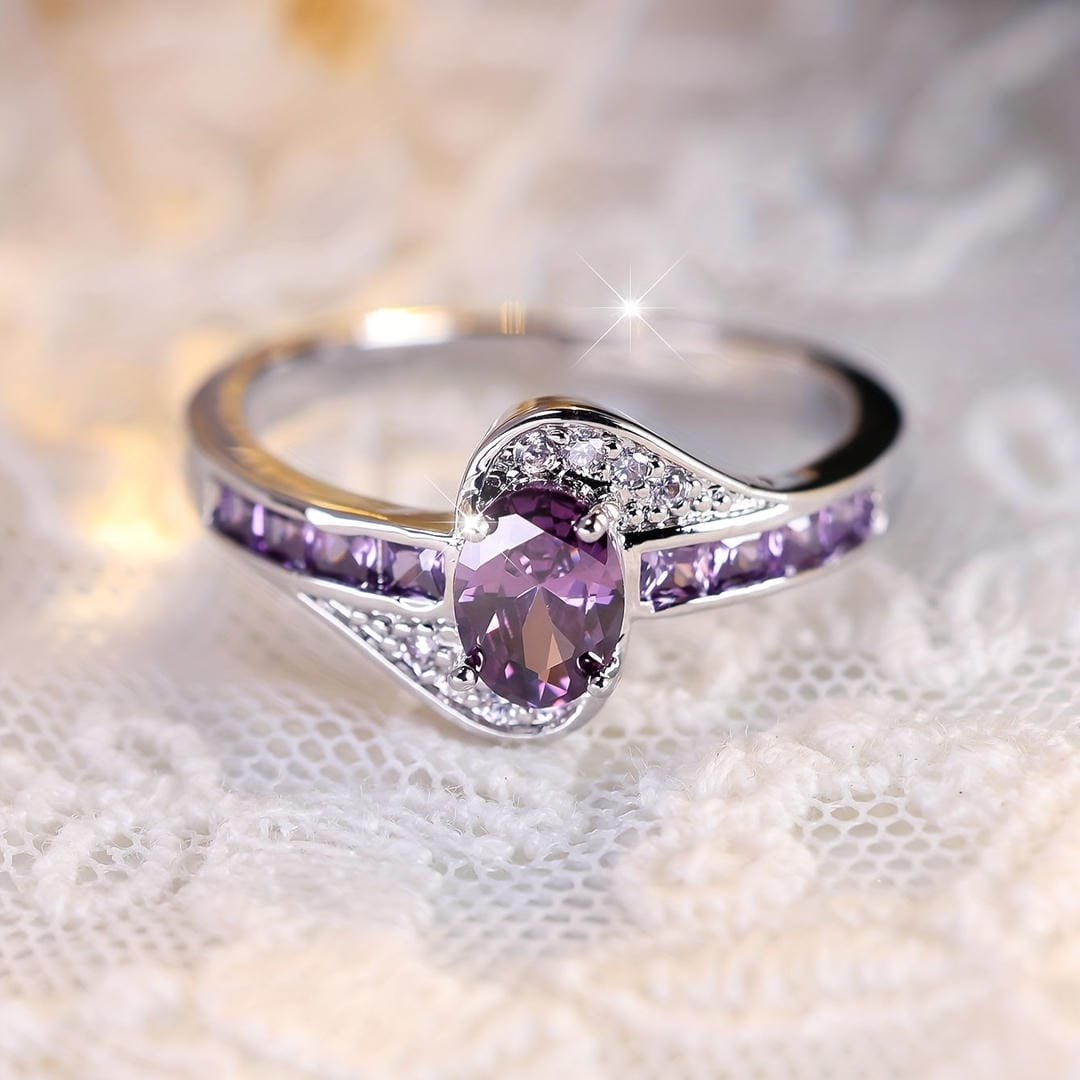 Oval Violet Crystal Twist Ring with Purple Accent Stones — view 3