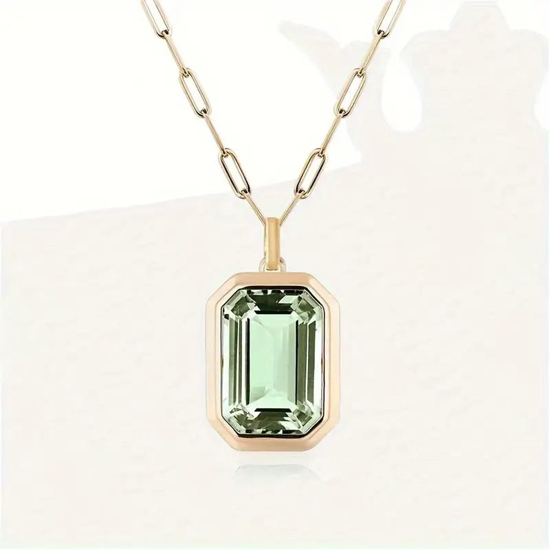 Emerald-Cut Green Stone Pendant Necklace with Paperclip Chain