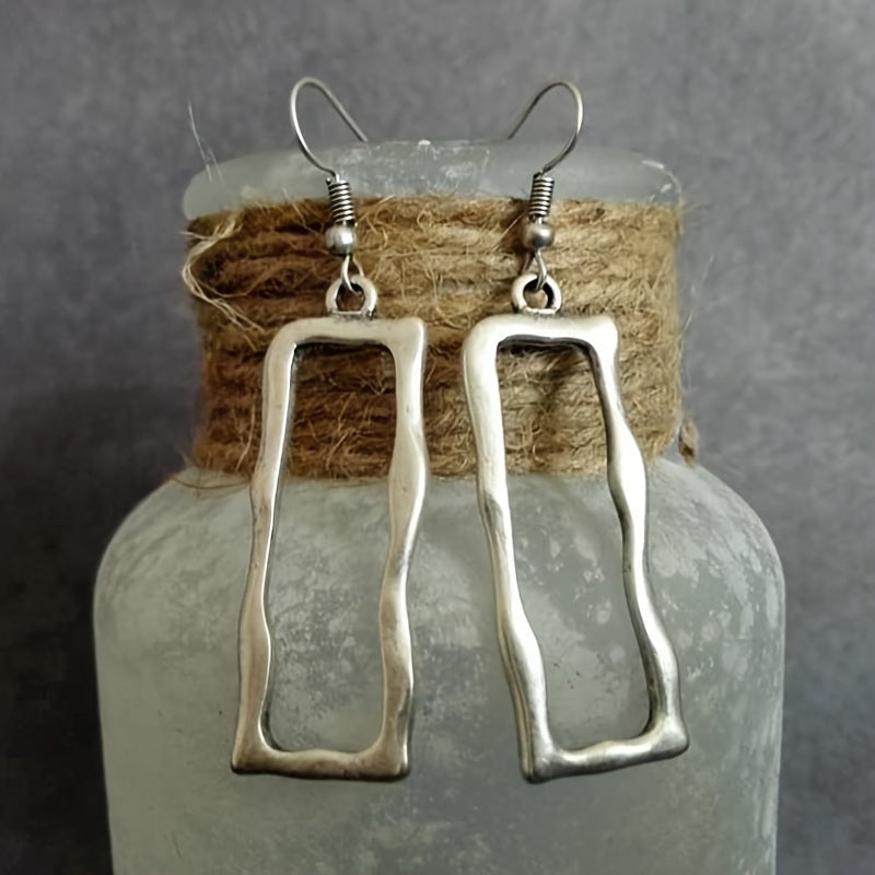 Irregular Rectangle Drop Earrings with Brushed Silver-Tone Finish