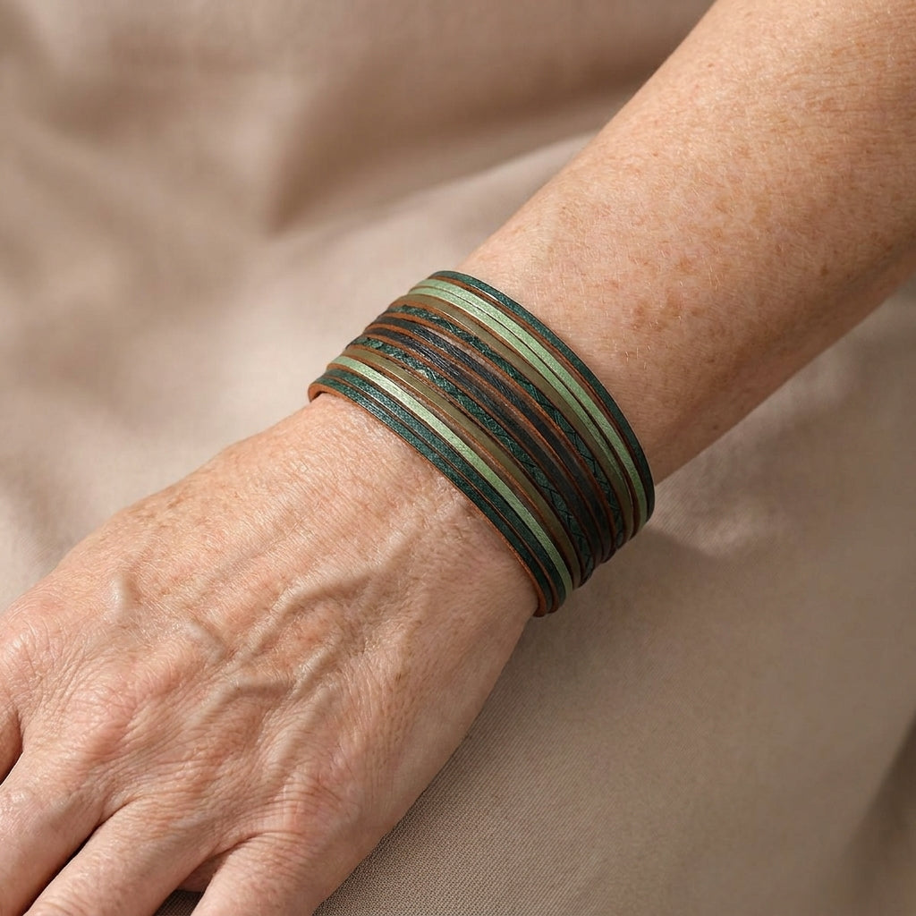 1pc of bohemian multi stripe gradient pu magnetic clasp bracelet a layered vintage mixed color wide faux leather wrap bangle — lifestyle