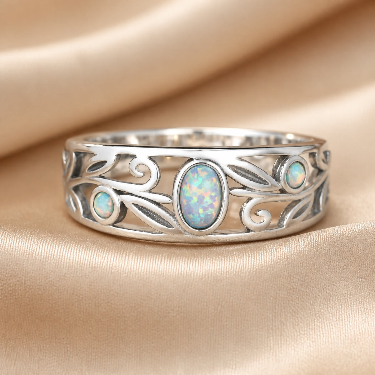 Three-Stone Opal Vine Ring with Silver-Tone Filigree Band — main image