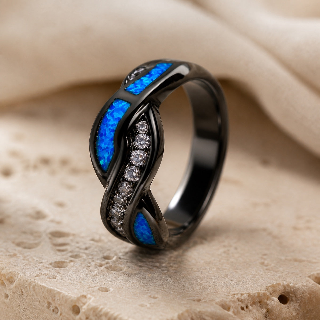 Celestial Crescent Blue Opal Ring with Antiqued Black Band