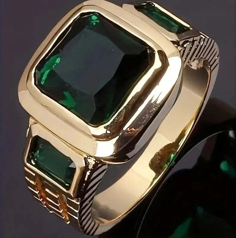 Cushion-Cut Emerald Signet Ring with Textured Gold-Tone Band