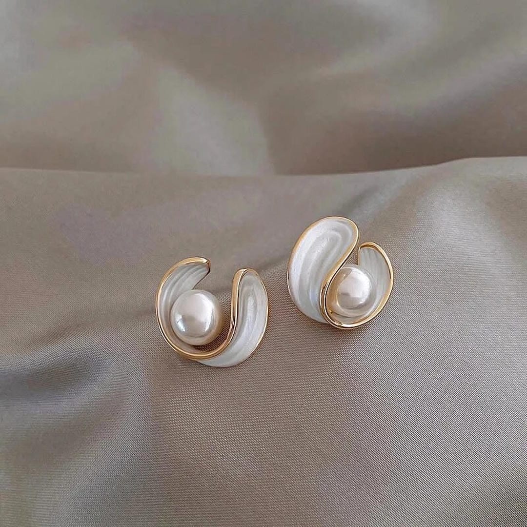 Pearl and Opal Stud Earrings with Curved Shell Detail
