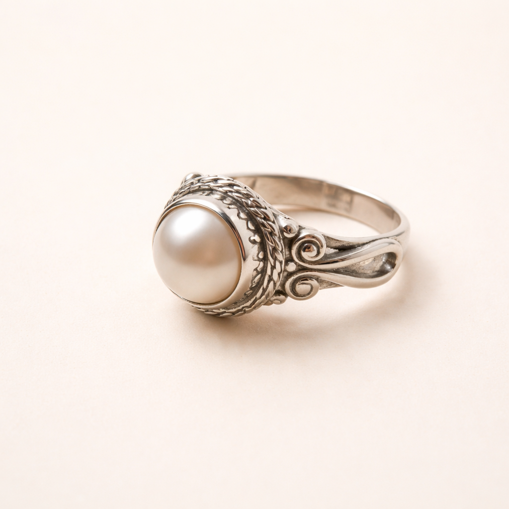 Oval Pearl Cocktail Ring with Ornate Scroll Band