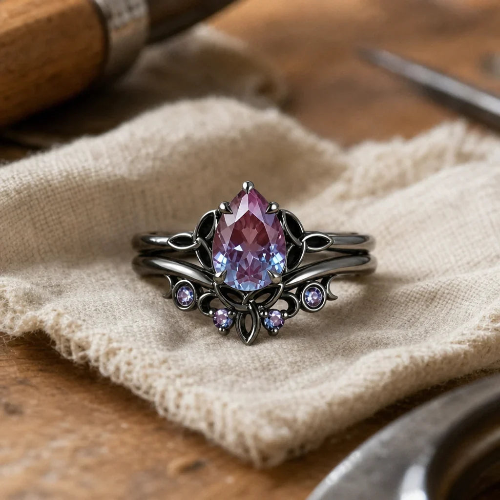 Oval Amethyst Statement Ring with Layered Silver-Tone Band and Purple Accent Stones