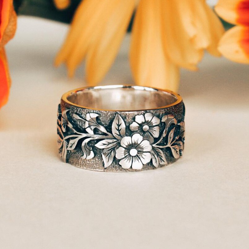 Carved Floral Wide Band Ring, Bohemian Vintage Two-Tone Copper — view 2