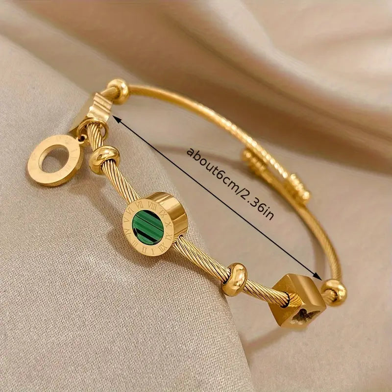 Charm Bangle Bracelet with Green Stone Medallion, Heart and Ring Charms