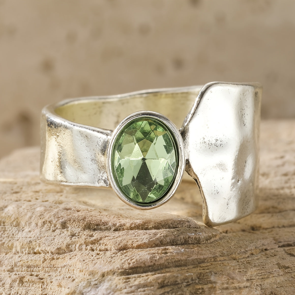 Oval Green Zirconia Statement Ring with Wide Antiqued Silver Band