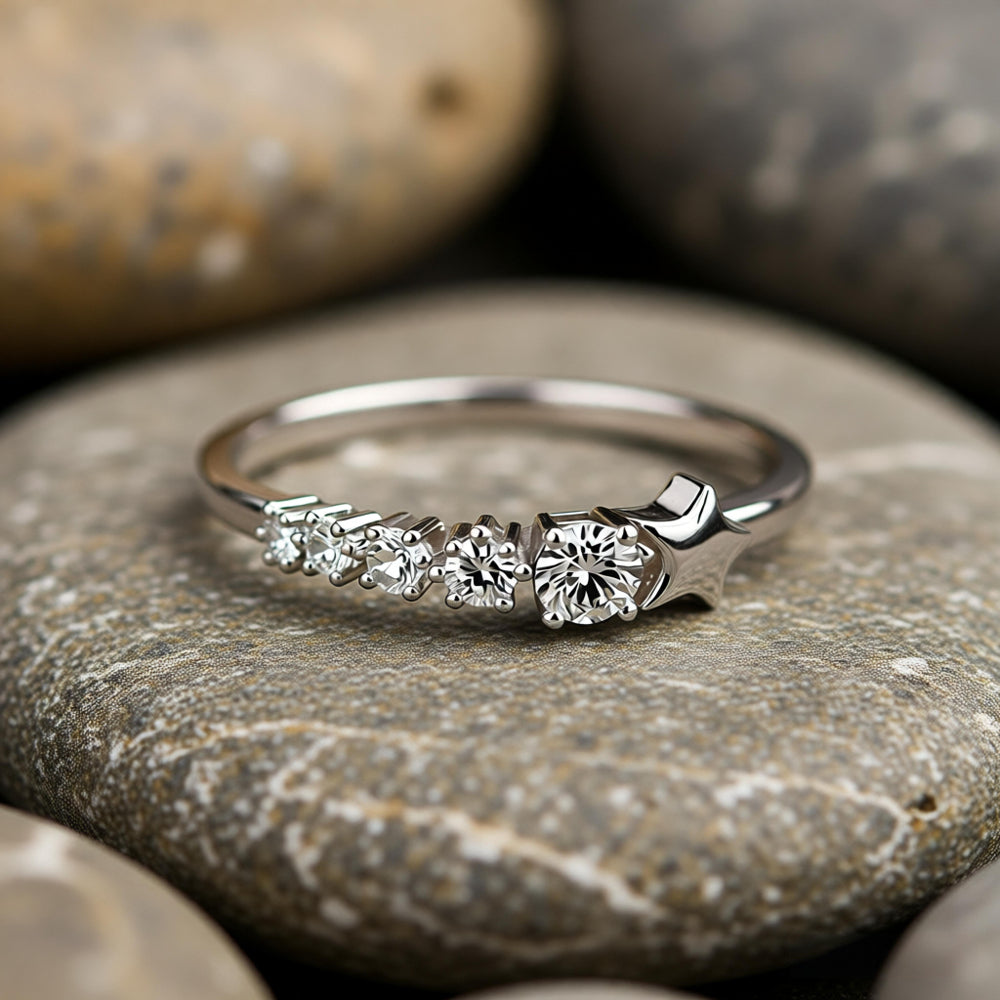 Star Cubic Zirconia Ring with Graduated Stones, White Gold Tone