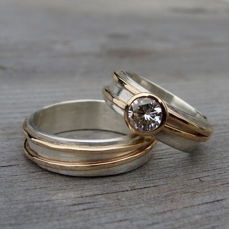 Two-Tone Bezel Solitaire Ring Set with Grooved Wedding Band