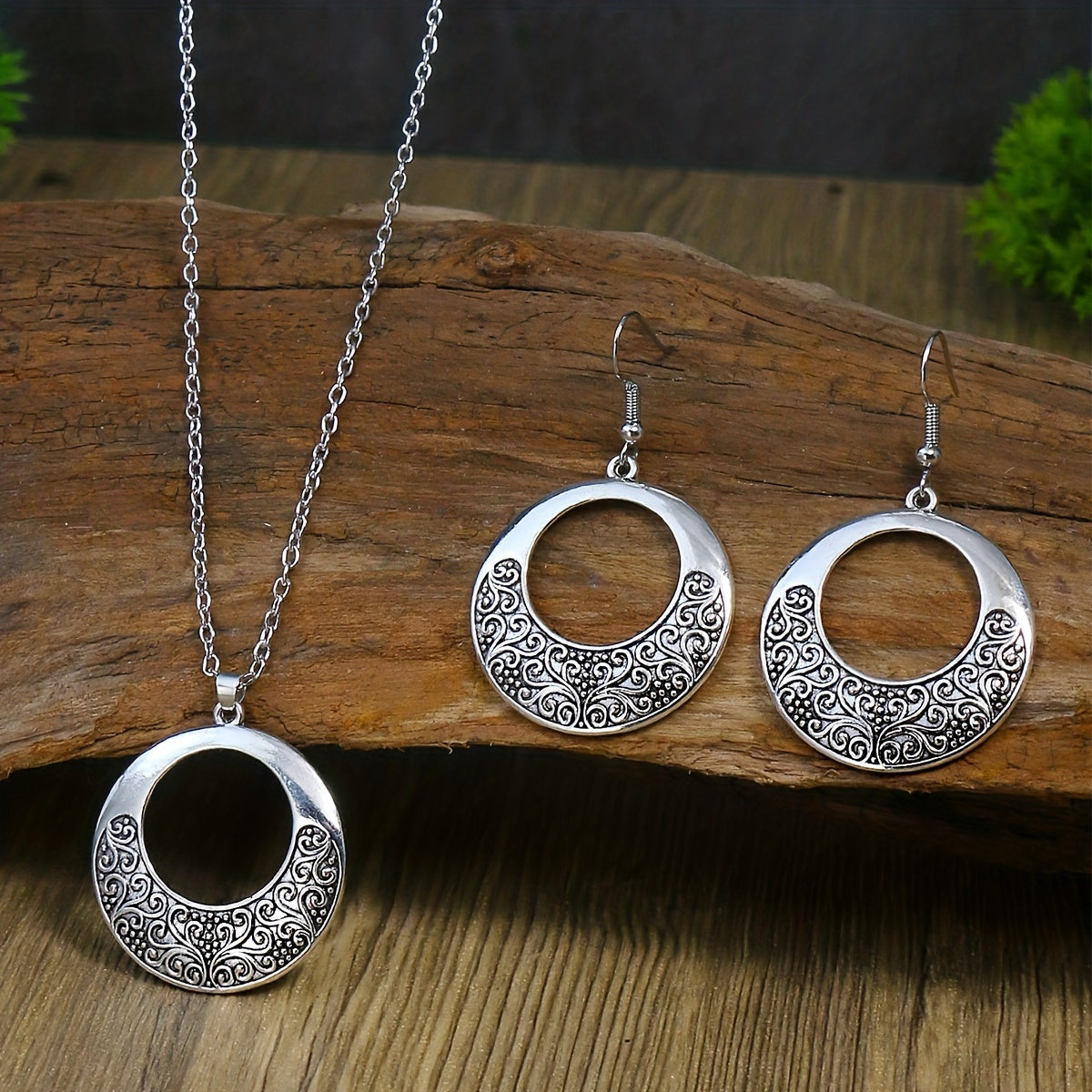 Scrollwork Open Circle Pendant Necklace & Earring Set in Antiqued Silver Tone