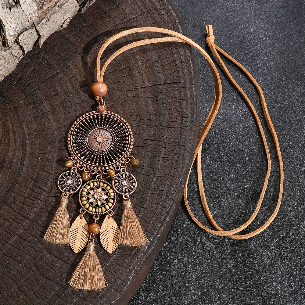 Boho Sunburst Mandala Pendant Necklace with Tassel and Leaf Charms