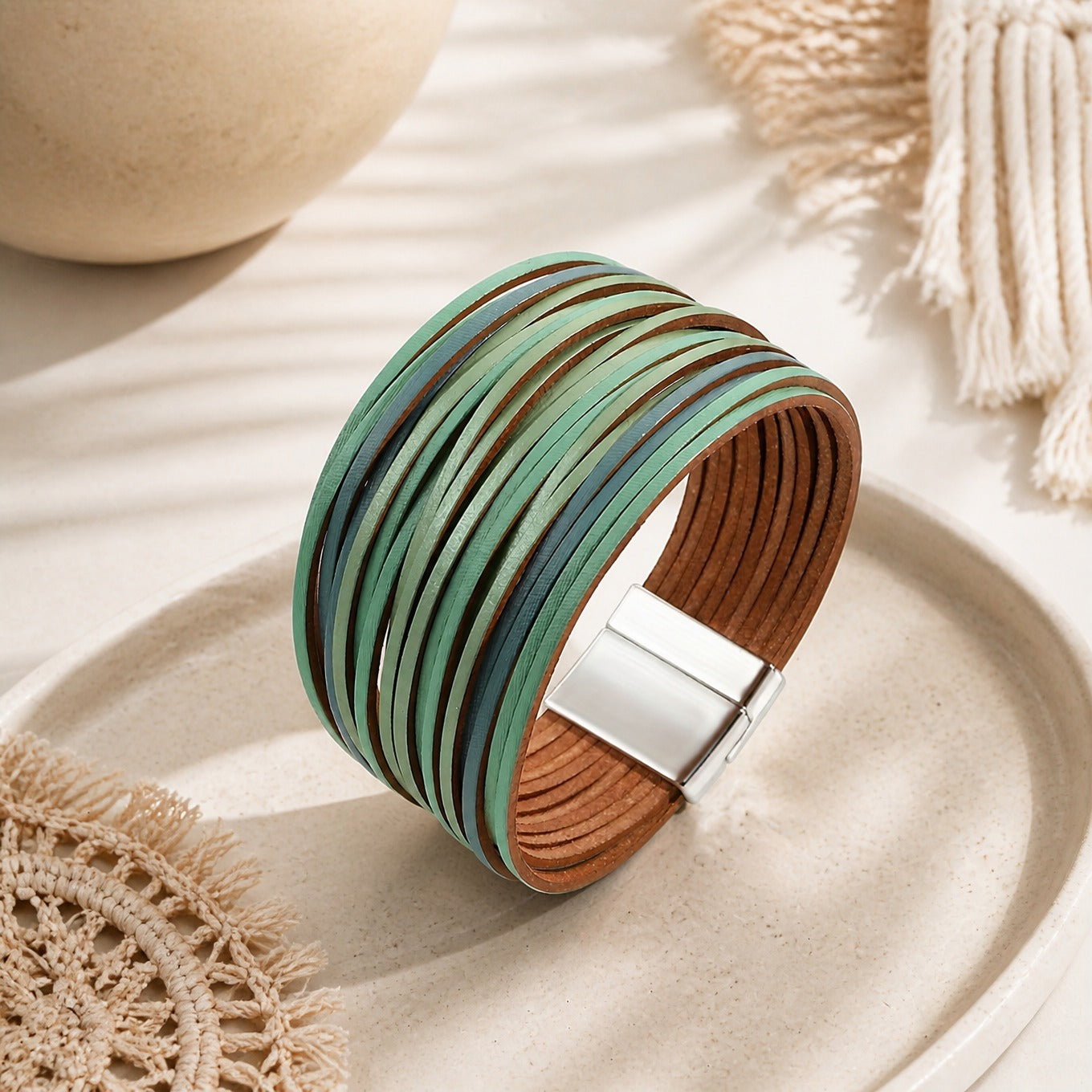 Bohemian Multi-Strand PU Leather Wrap Bracelet with Magnetic Clasp