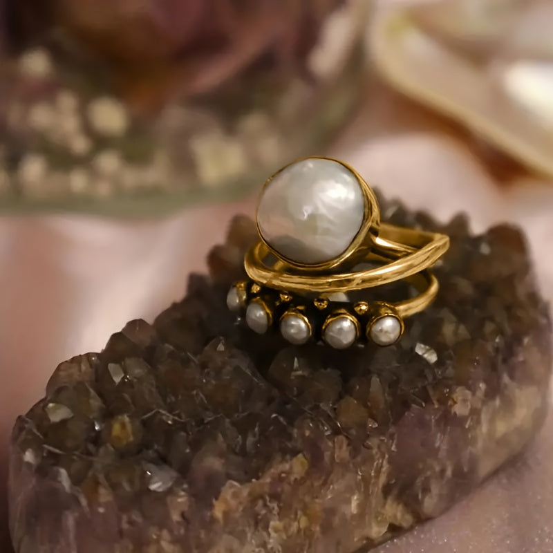 Pearl Crown Statement Ring with Gold-Tone Band, Sizes 5-11