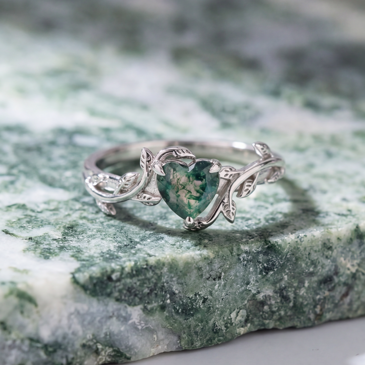 Moss Agate Heart Silver Ring