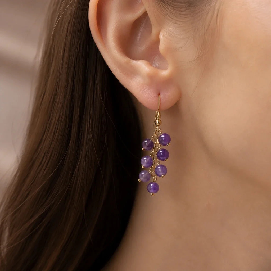 Grape Cluster Amethyst Drop Earrings with Gold-Tone Chain