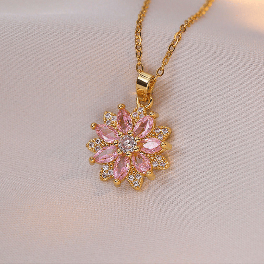Flower Gemstone Pendant Necklace with Gold-Tone Chain, Purple & Pink