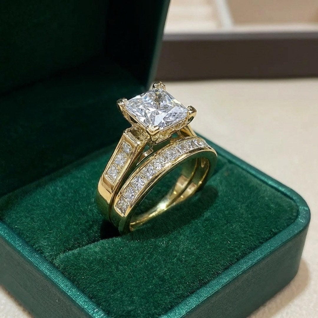 Princess-Cut Cubic Zirconia 2-Piece Ring Set with Wedding Band