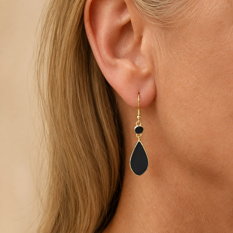 Teardrop Black Drop Earrings with Gold-Tone Accent Stone — main image