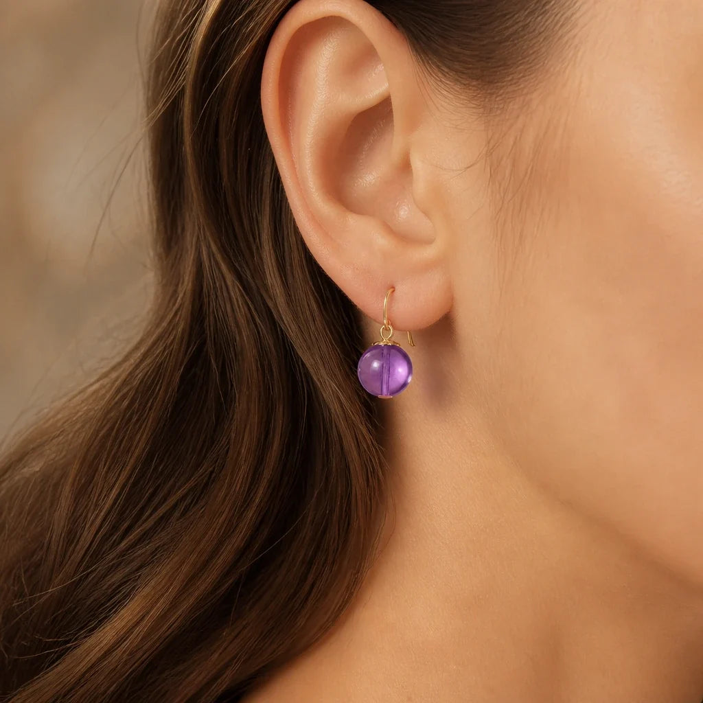 Amethyst Sphere Drop Earrings with Gold-Tone Hooks