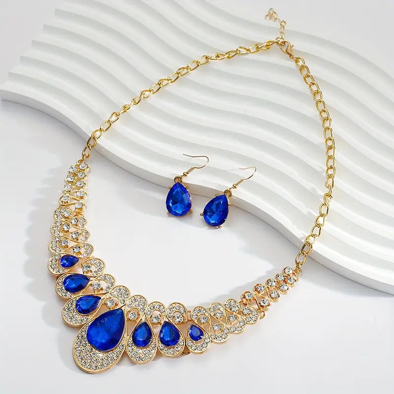 Teardrop Sapphire-Blue Necklace and Earring Set with Pavé Accents — view 2