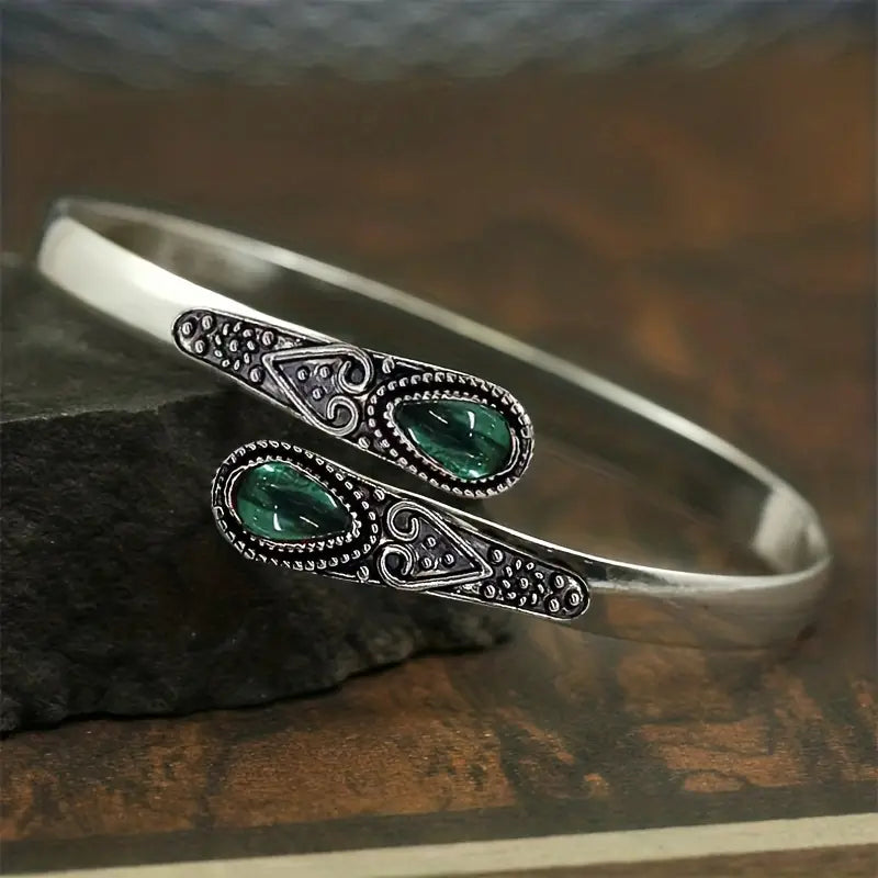 Teardrop Green Stone Cuff Bracelet with Vintage Filigree Detail