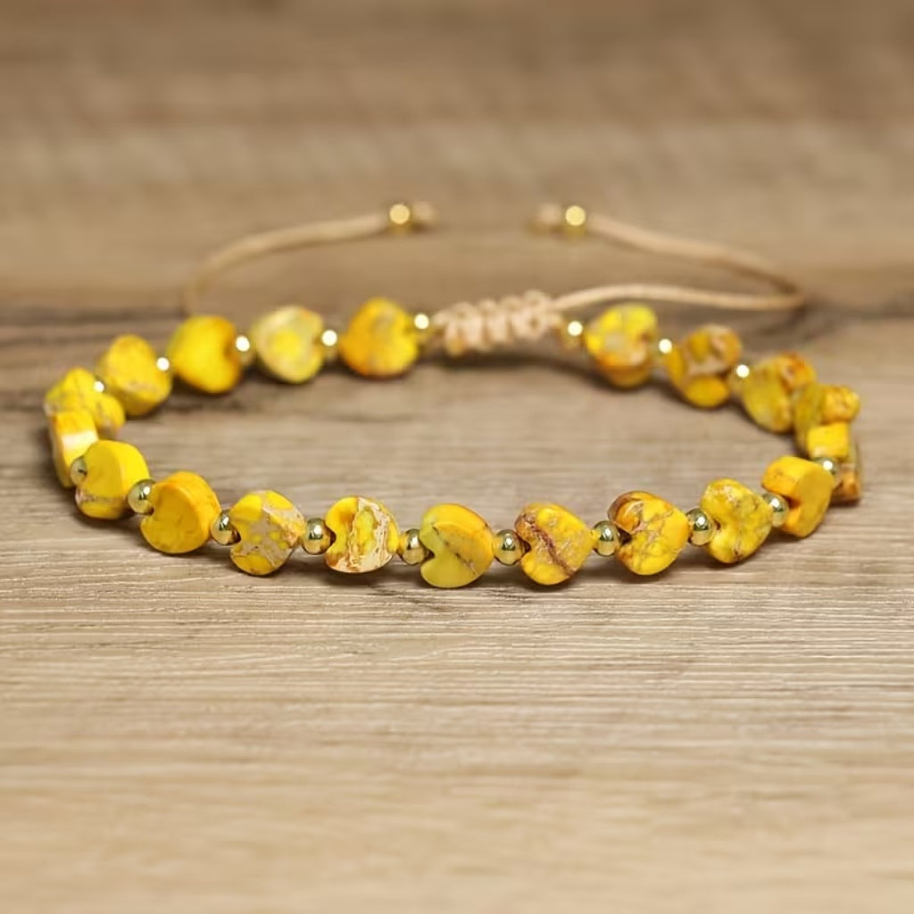 Yellow Faceted Bead Bracelet with Gold-Tone Spacers, Adjustable Boho Drawstring — main image