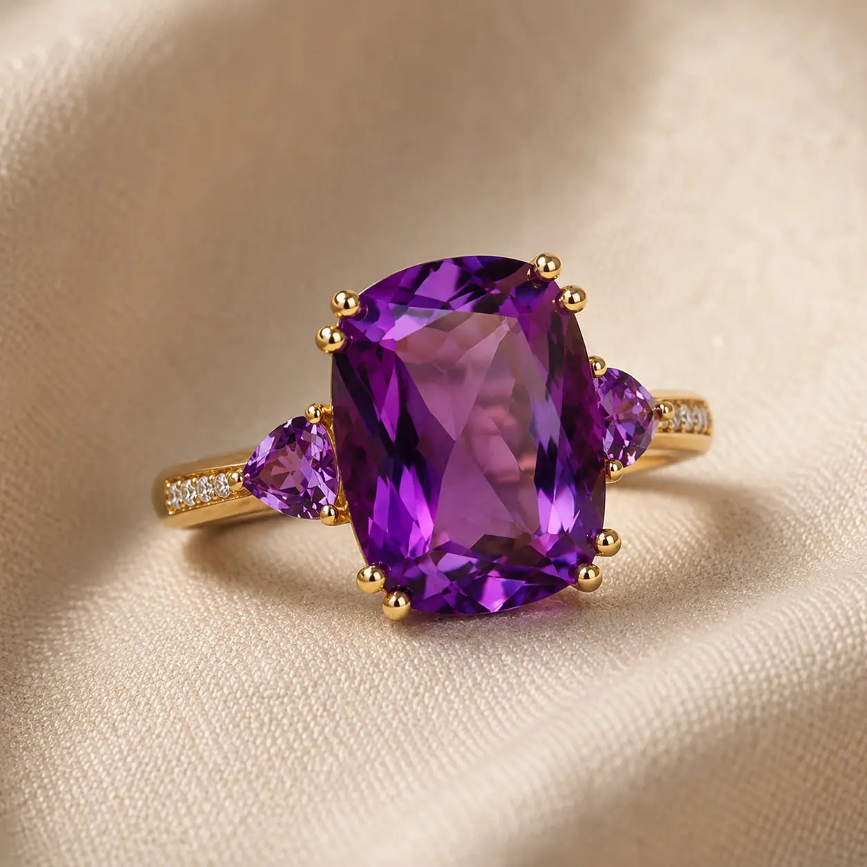 Cushion-Cut Amethyst Ring with Pear-Cut Side Stones and Diamond Accents