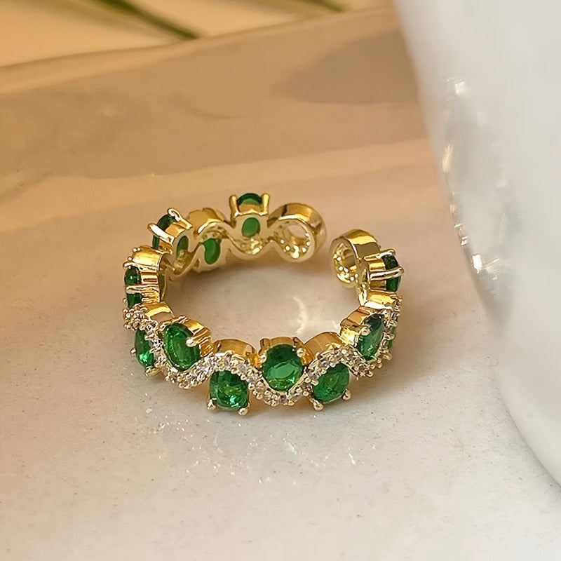 Emerald and Sparkling Open Band Ring in Gold Tone