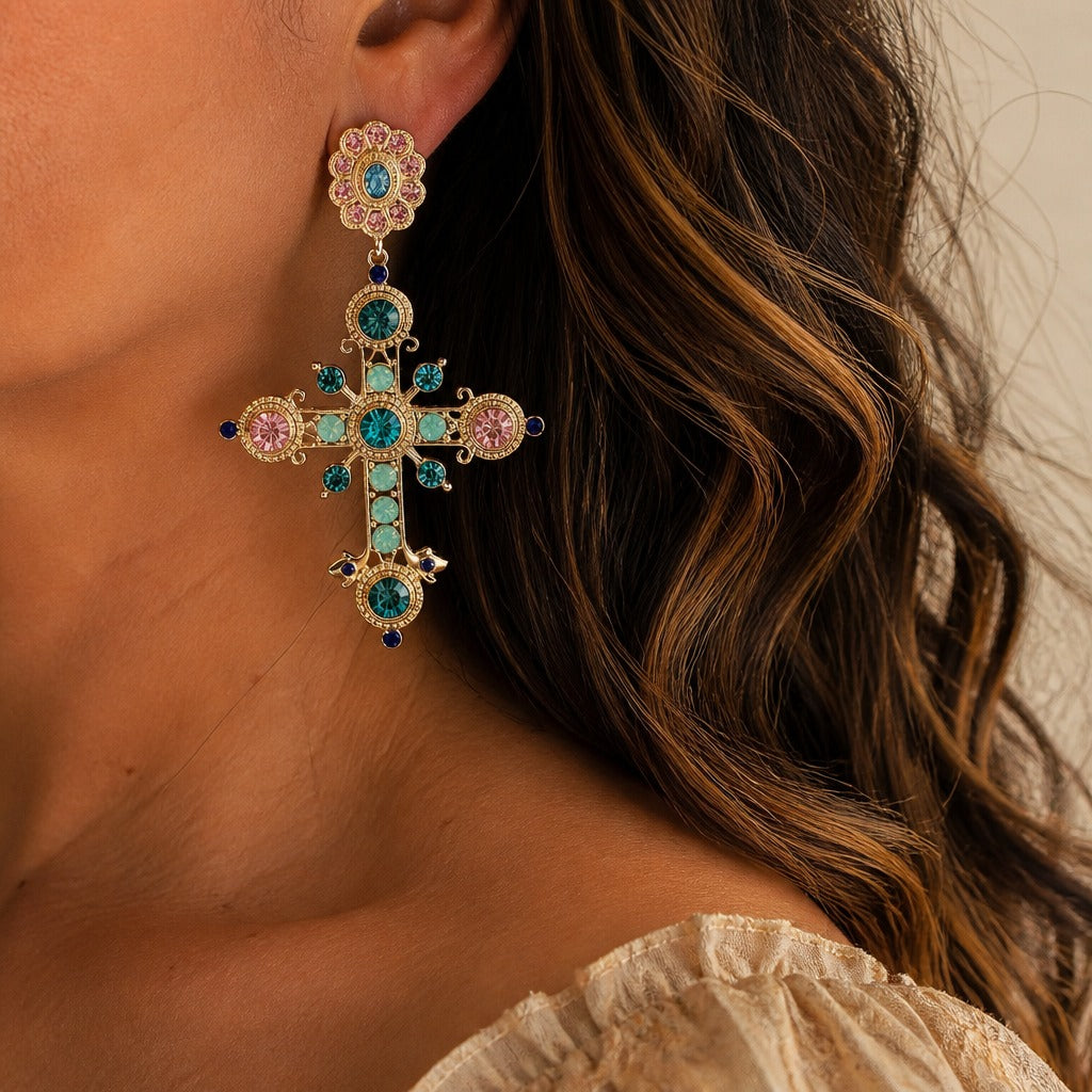 Cross Gemstone Drop Earrings with Rosette Studs and Filigree Detail — main image