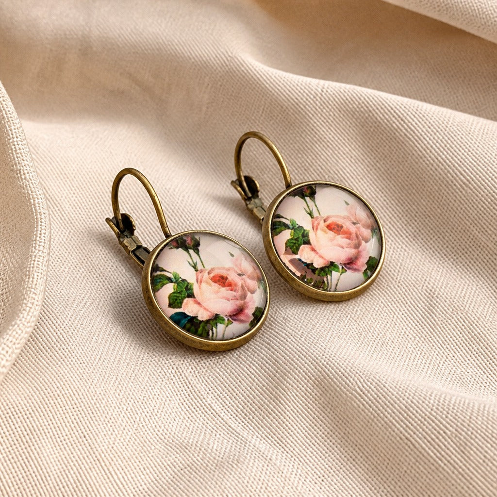 Floral Dome Cabochon Drop Earrings with Antique Brass Finish — main image