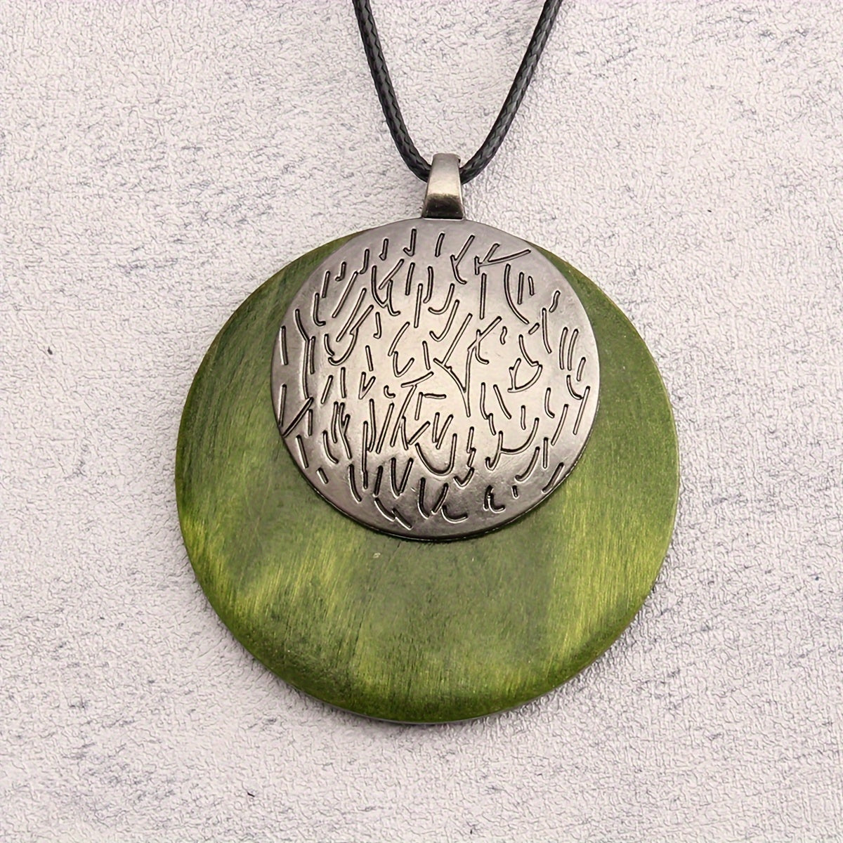 Engraved Brain Pattern Wood Disc Pendant Necklace with Adjustable Leather Cord