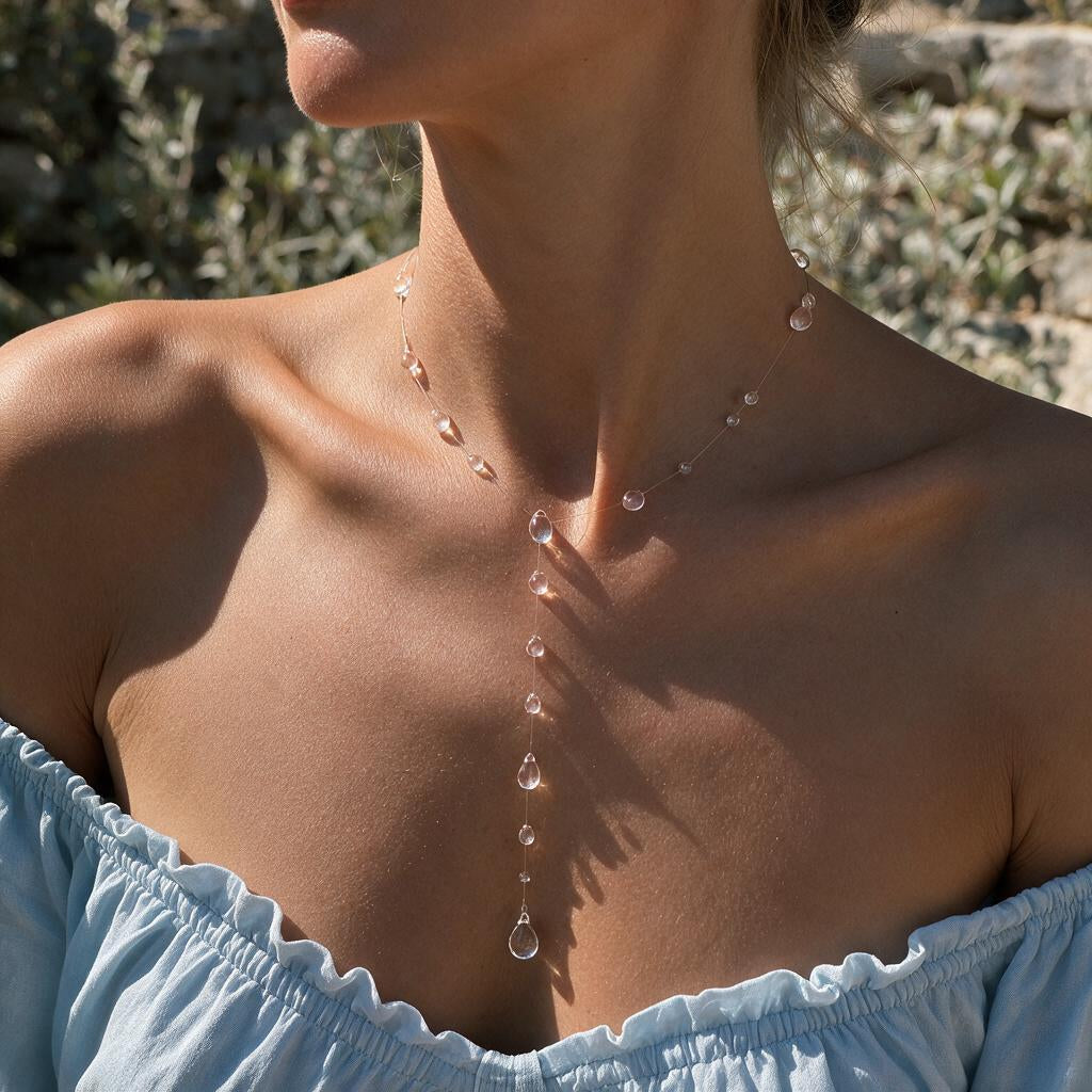 Y-Shape Teardrop Necklace with Cascading Clear Drops, Adjustable Length — view 2