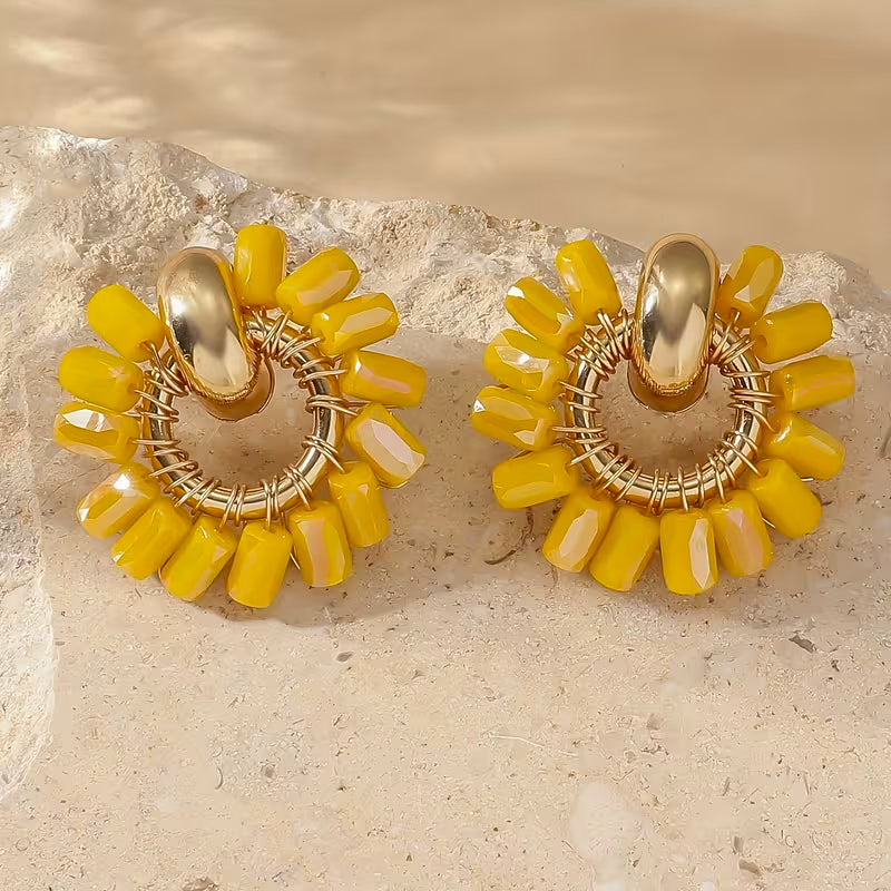 Fan-Shaped Yellow Glass Beaded Stud Earrings with Gold-Tone Hardware — main image
