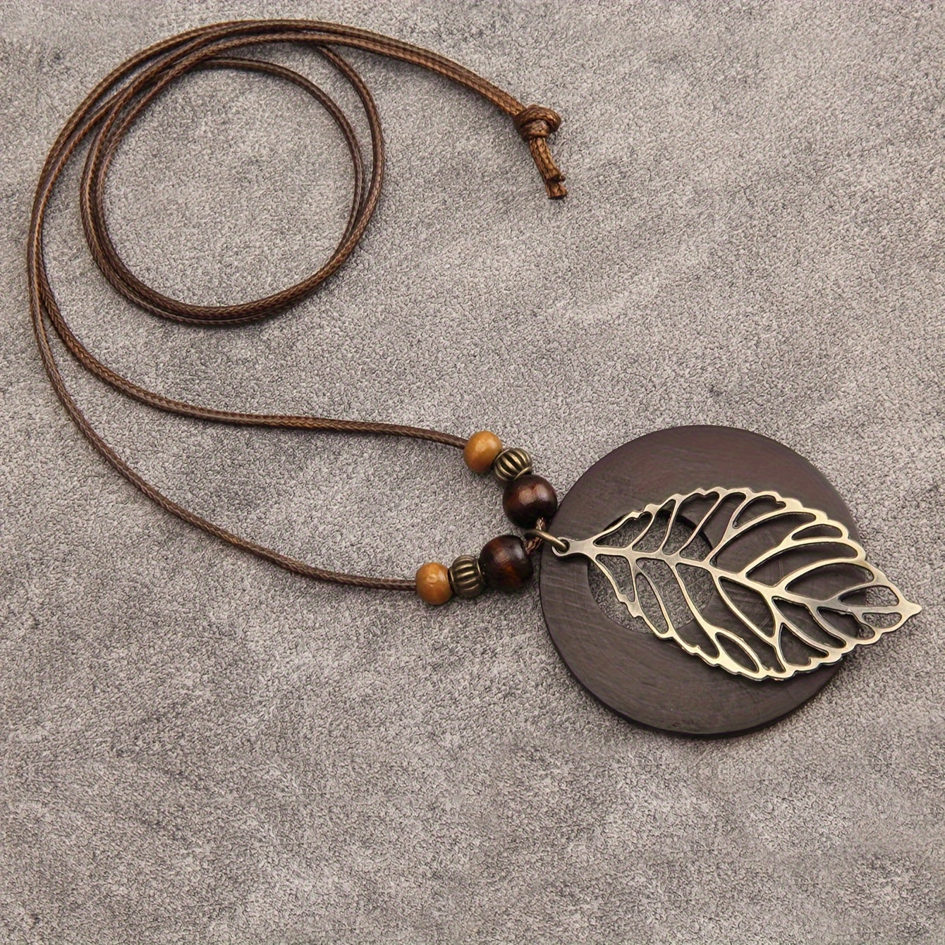 Boho Leaf Pendant Necklace with Wood-Tone Beads