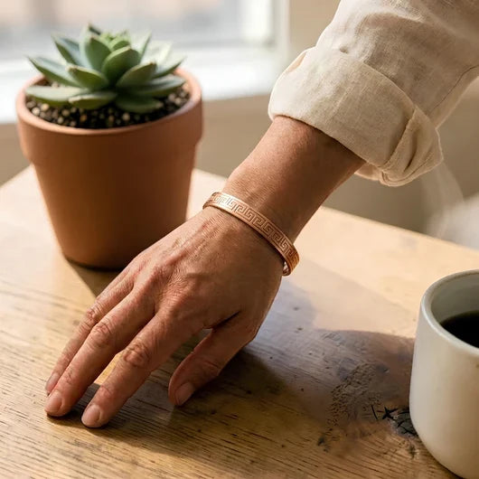 Copper Cuff Bracelet with Greek Key Pattern and Magnetic Closure Studs — Handmade Adjustable Design — view 2