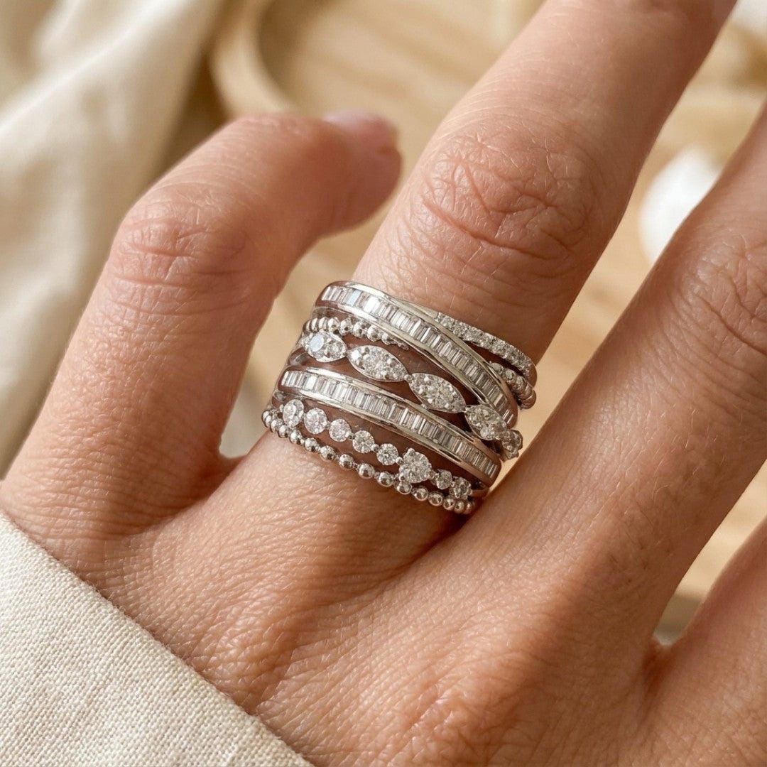 Layered Cubic Zirconia Cocktail Ring with Wide Silver-Tone Band