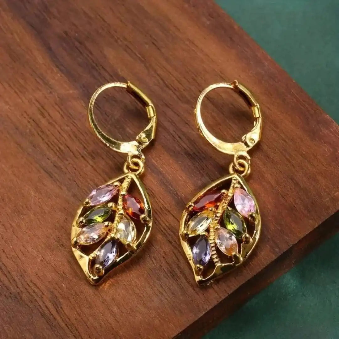Leaf-Shaped Multi-Color Crystal Drop Earrings with Gold-Tone Lever-Back Closure — main image