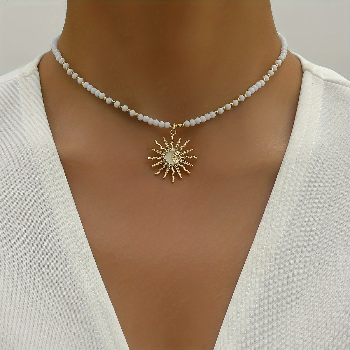 Sunburst Pendant Beaded Glass Choker Necklace with Gold-Tone Accents